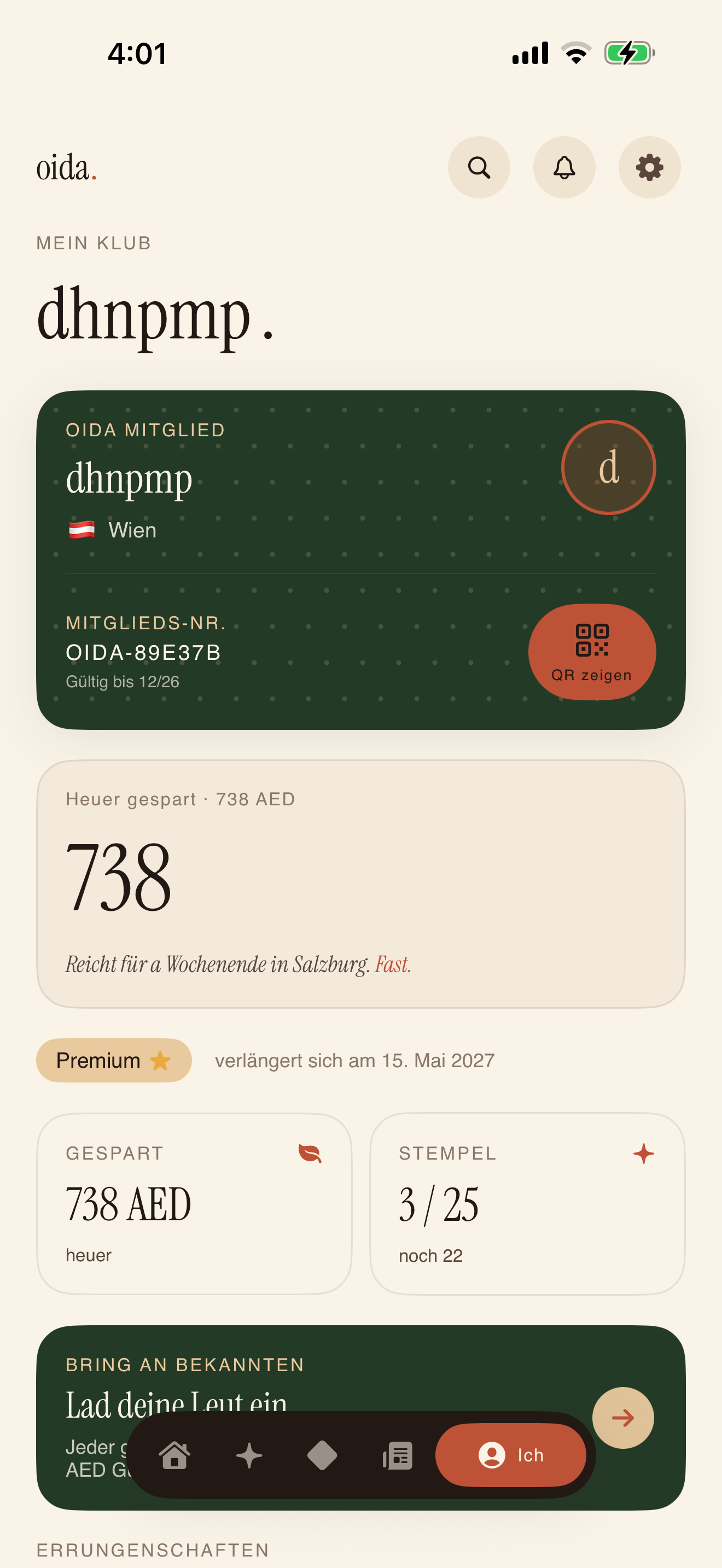 Mitgliedsausweis: Nummer, Heimatstadt, Stempel, Guthaben, QR-Code