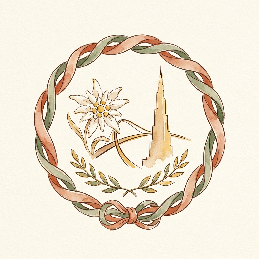 Hand-drawn watercolor medallion: edelweiss and Burj, a founding-partner ribbon — the Oida founding-partner seal