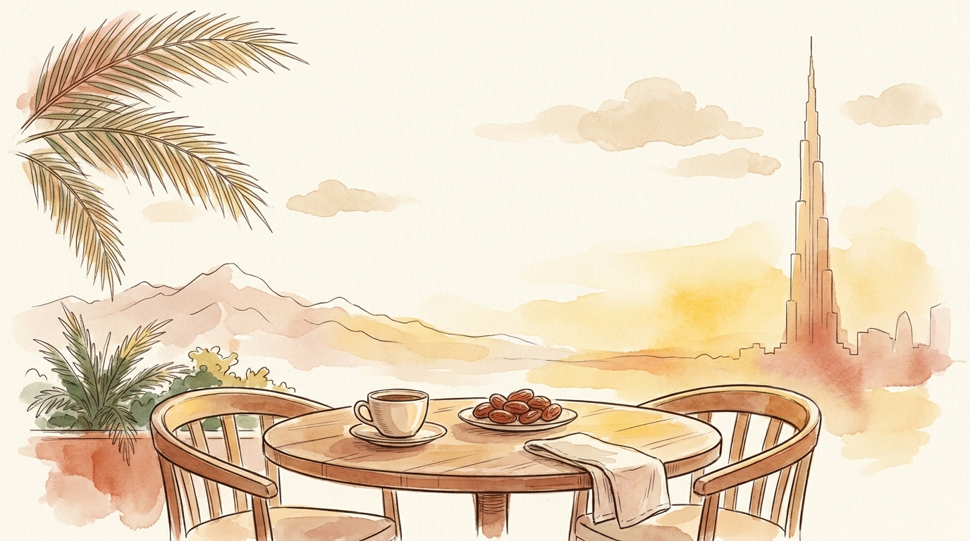 Hand-drawn watercolor: a Dubai café terrace at golden hour, an Alpine silhouette meeting the Burj — the Oida partner hero
